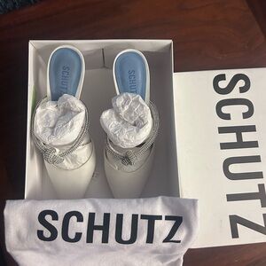 SCHUTZ White Mules with Silver Accents